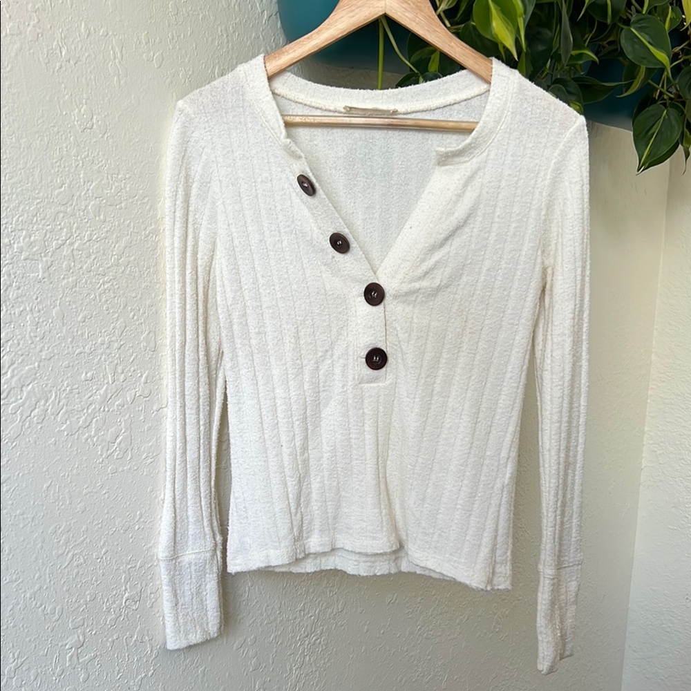 We The Free Cream Ribbed Polo Blouse